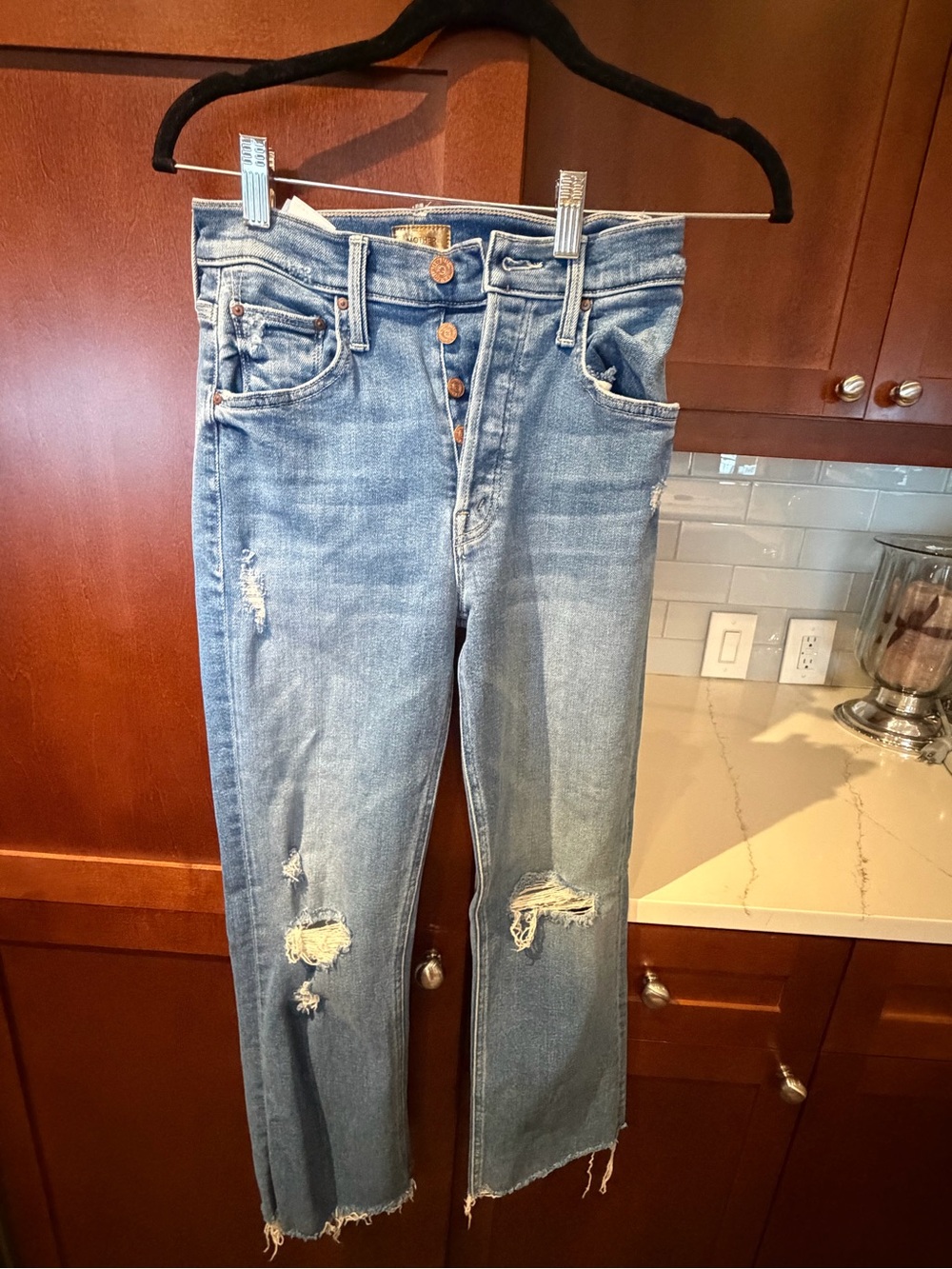 MOTHER Straight Leg Distressed Light Blue Jeans